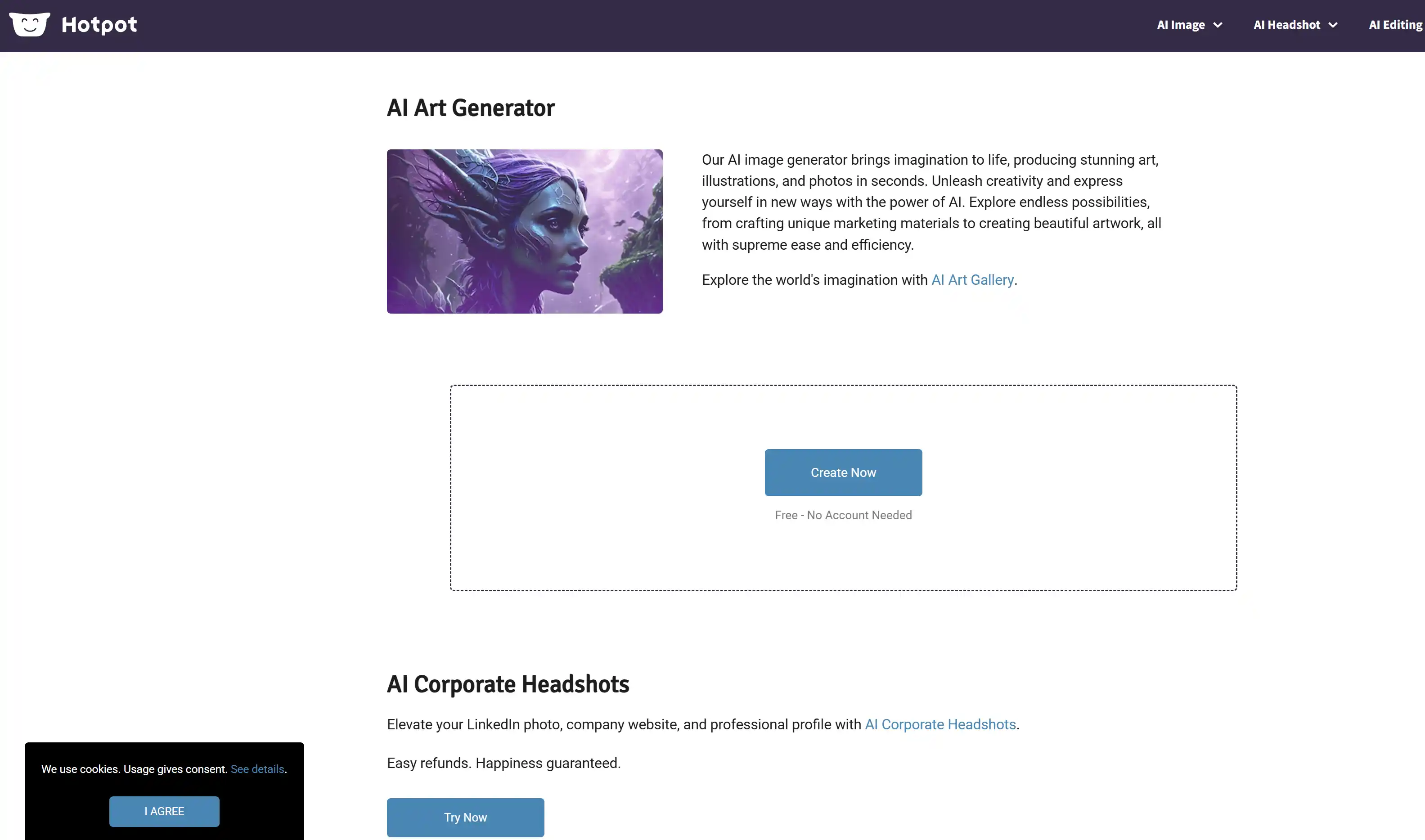 Screenshot del sito web di Hotpot.ai
