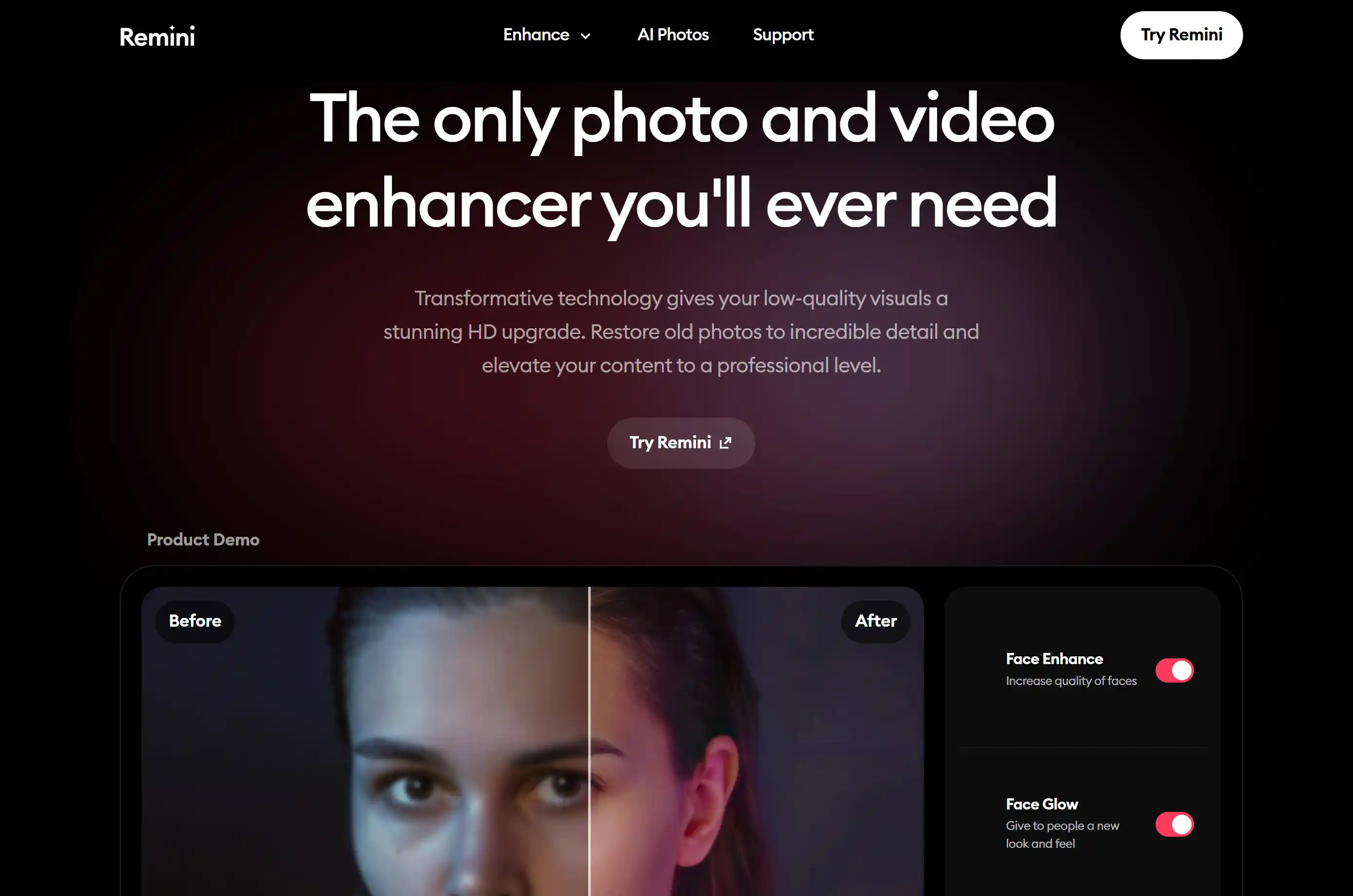 Screenshot del sito web di Remini