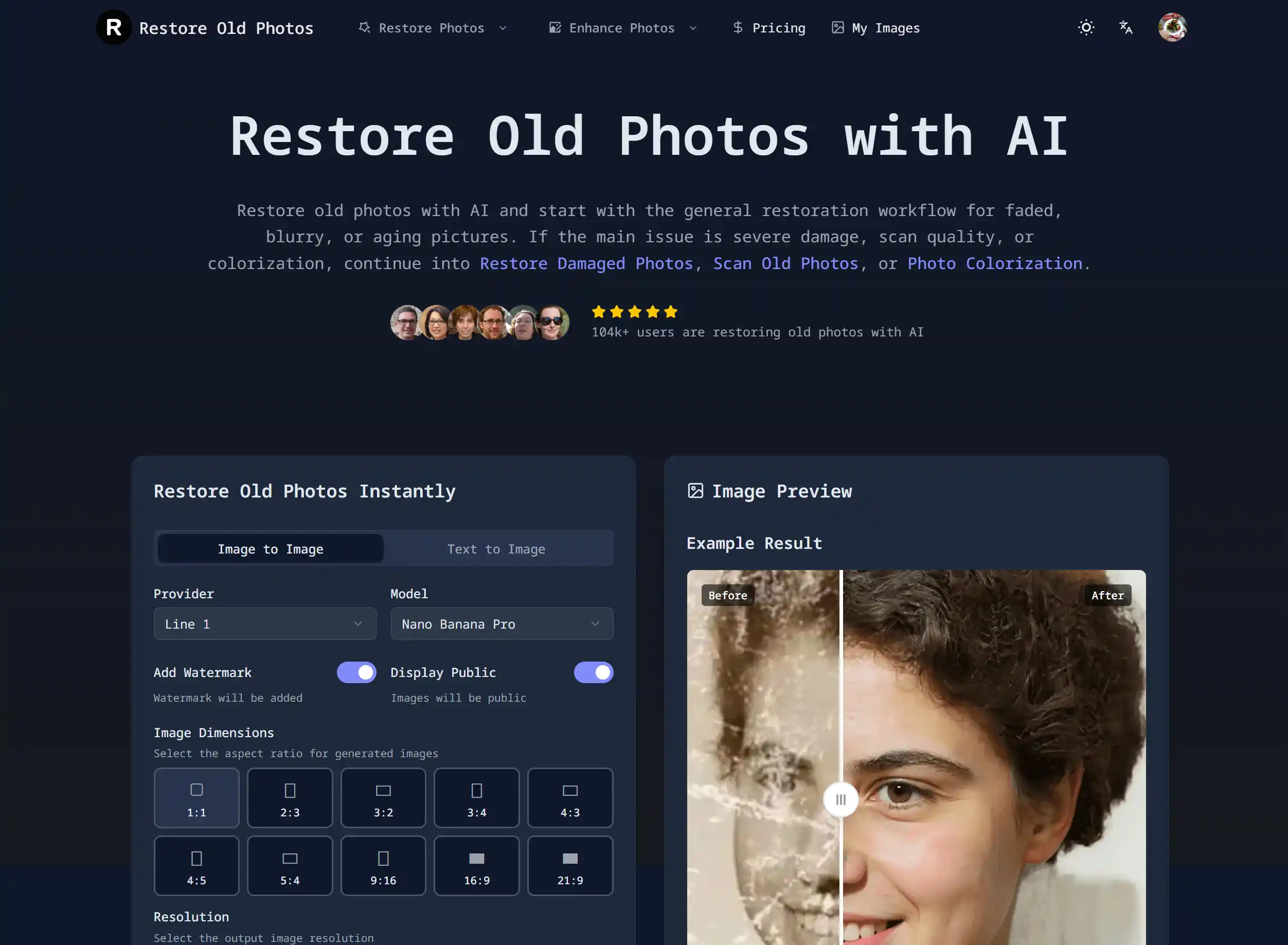 Screenshot del sito web di Restore Old Photos