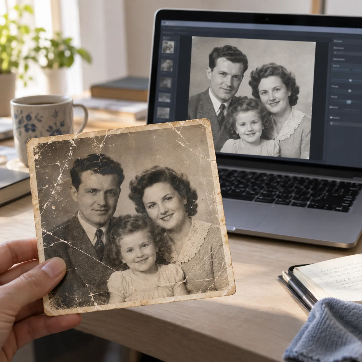 AI-assisteret restaureringsproces for et ridset gammelt familiefoto