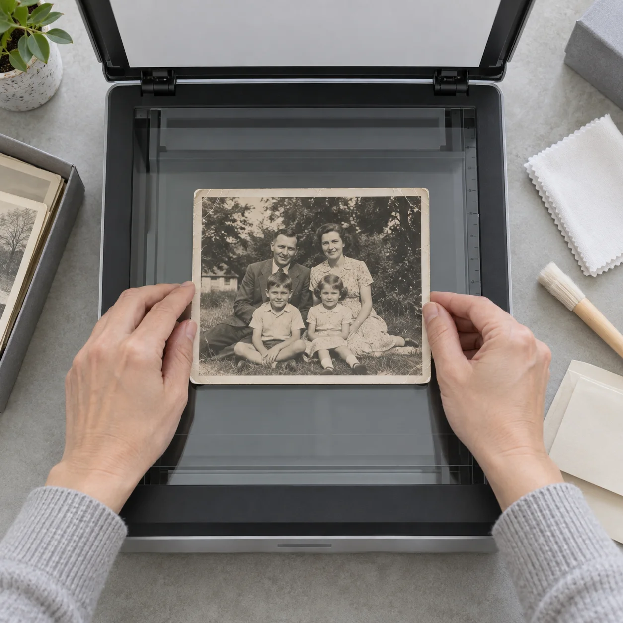 Scanning af et gammelt papirbillede på en flatbed-scanner